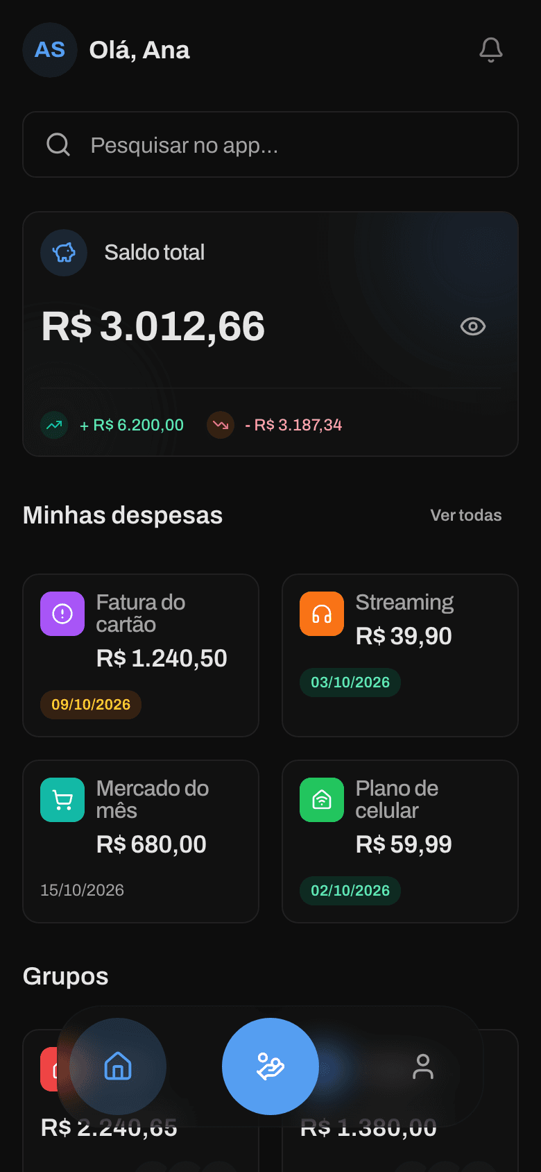 Tela inicial do Razo com o saldo do mês e as despesas destacadas pelo vencimento